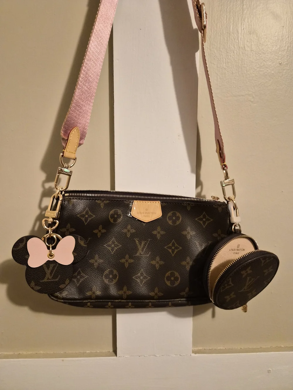Louis Vuitton Brown Monogram Canvas Crossbody with Pink Strap